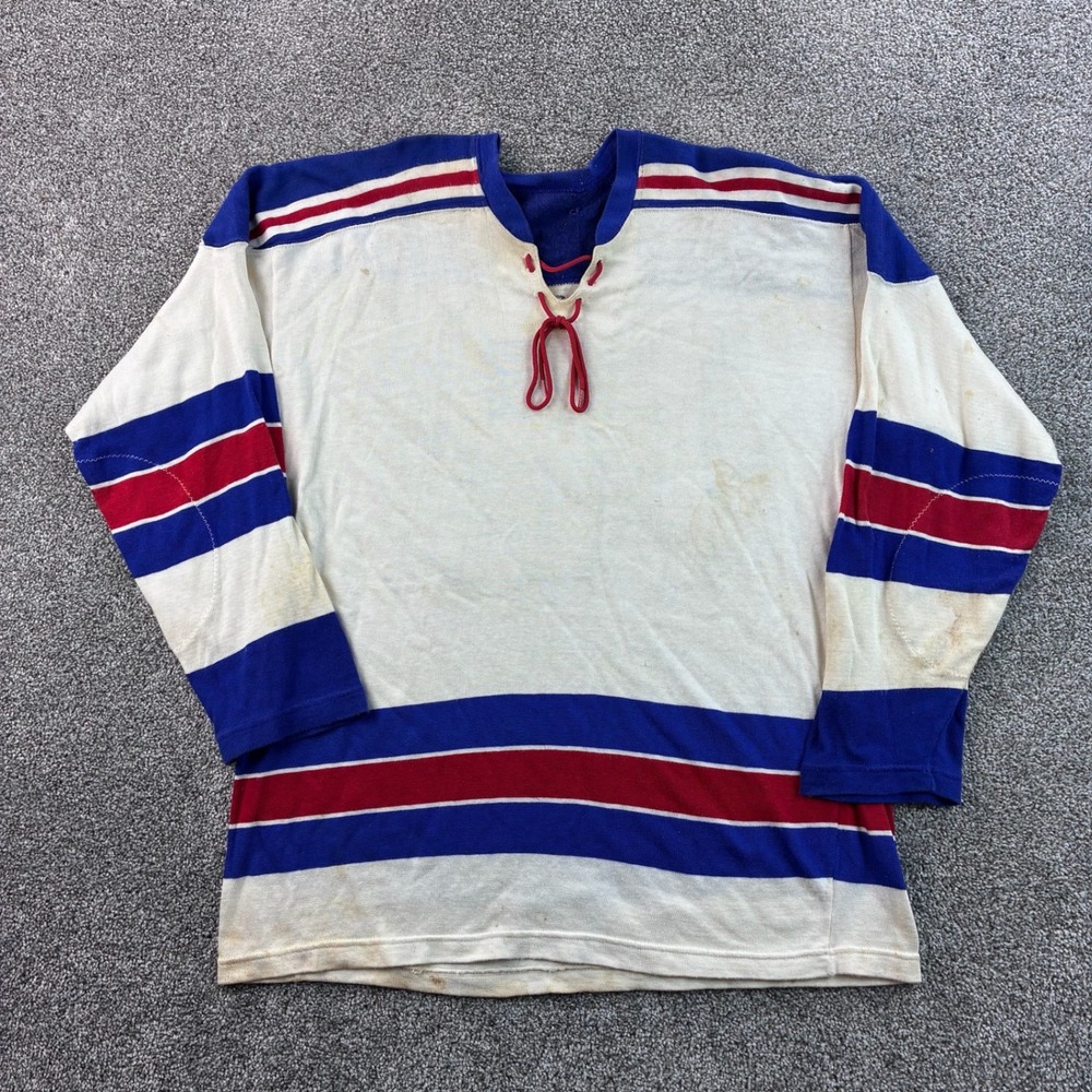 Vintage 60s Hockey Jersey Mens XL White Blue Red Knit Lace Up #12